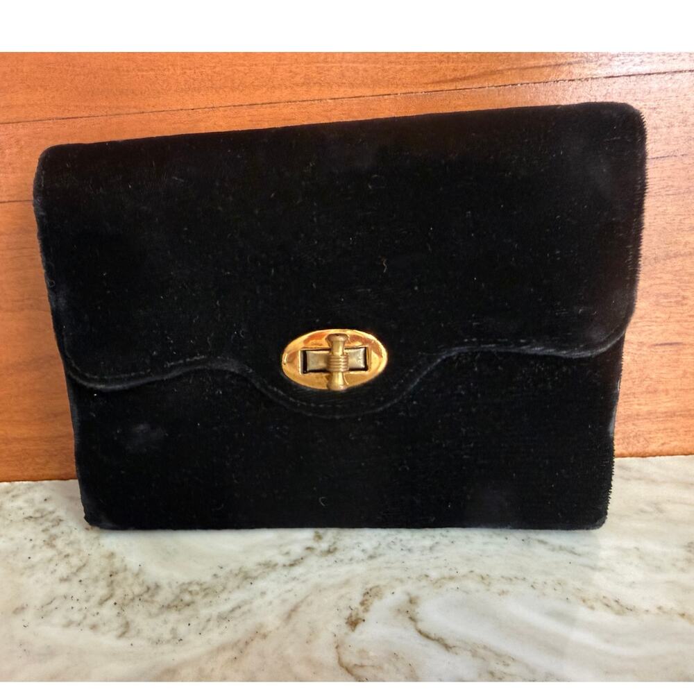 Vintage Mid Century Black Velvet Clutch Bag Gold Turnlock Clasp